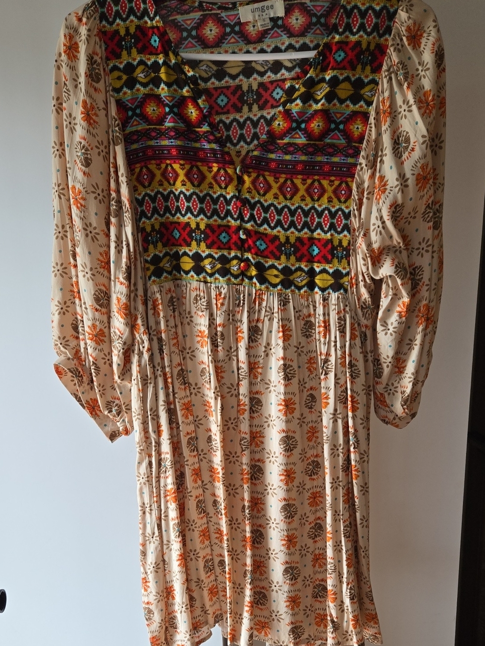 Umgee Cream Boho Long Sleeve Dress with Multicolor Embroidered Yoke
